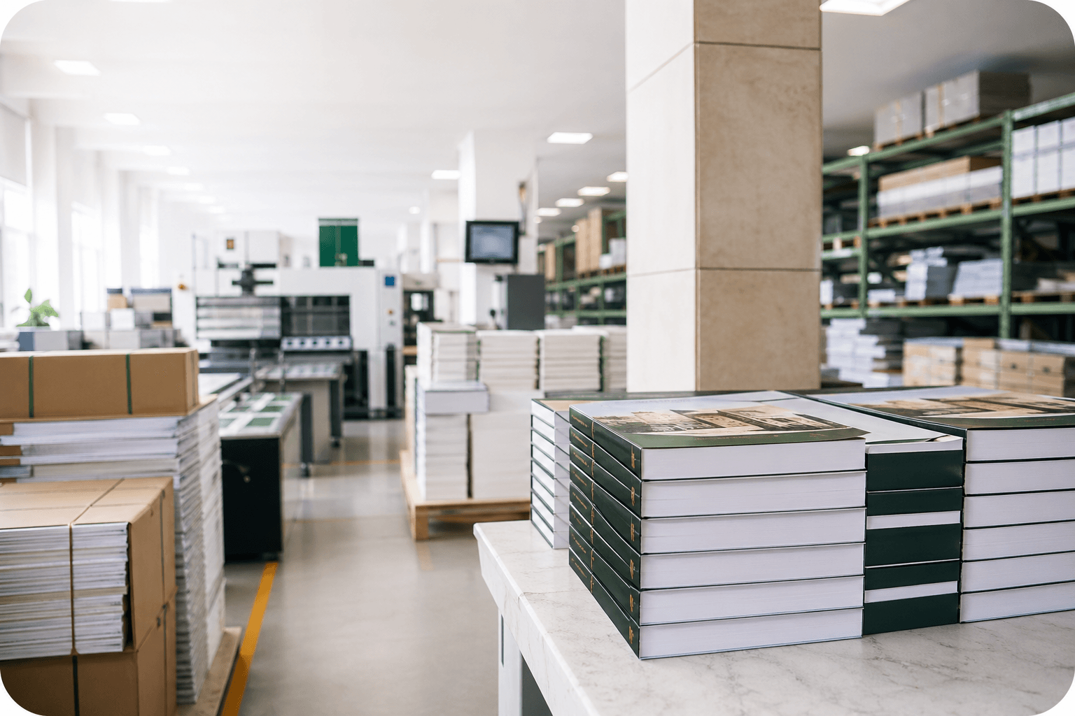 Printed books prepared for dispatch inside an organized print and fulfillment facility.