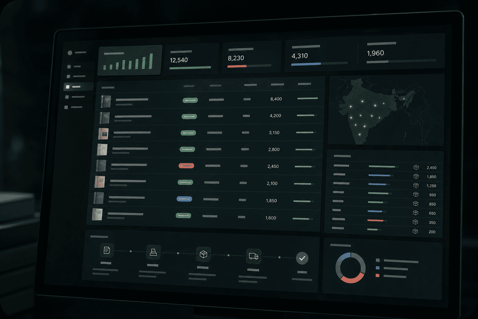 Dark fulfillment dashboard showing inventory and dispatch progress.